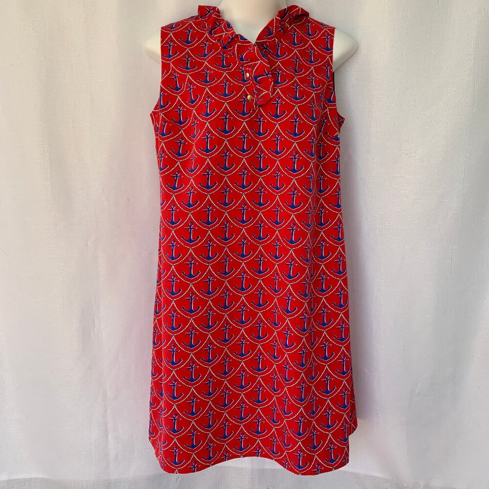 TALBOTS Anchor Print Nautical Ruffle Trim Sleeveless Lined Shift Dress